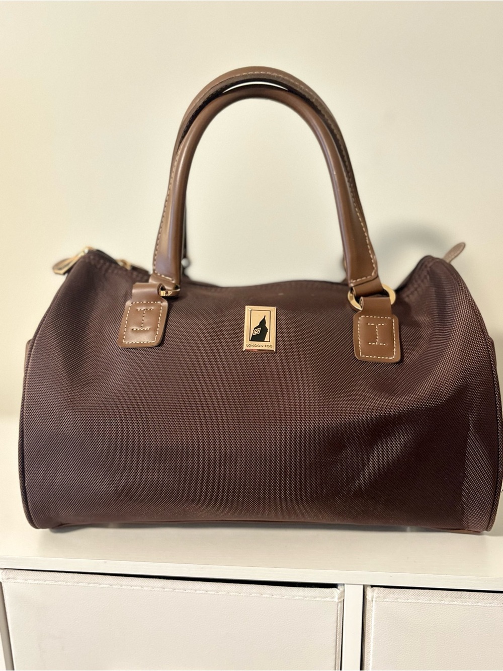 Dooney & Bourke Chocolate Brown Barrel Satchel with Tan Trim